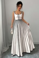 Striped Square Neck Sleeveless A Line Fit Dress - Image 3