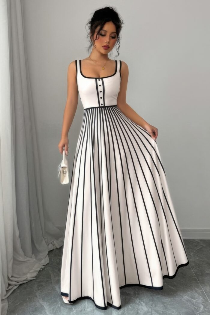 Striped square neck sleeveless a line fit dress - image 3