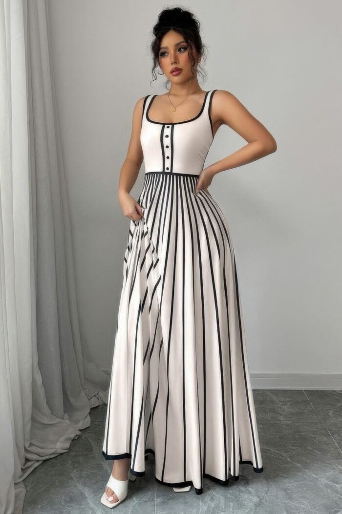Striped square neck sleeveless a line fit dress - image 4
