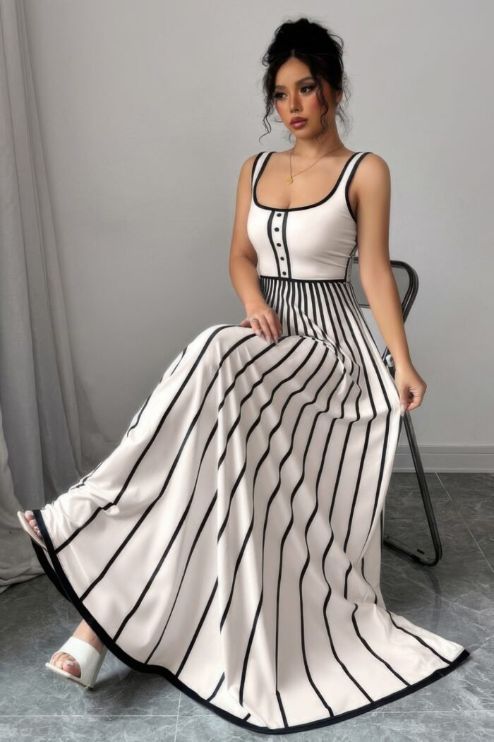 Striped square neck sleeveless a line fit dress - image 5