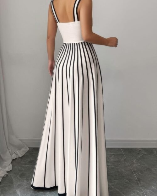 striped square neck sleeveless a line fit dress