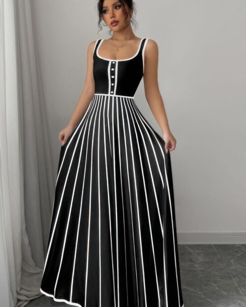 striped square neck sleeveless a line fit dress