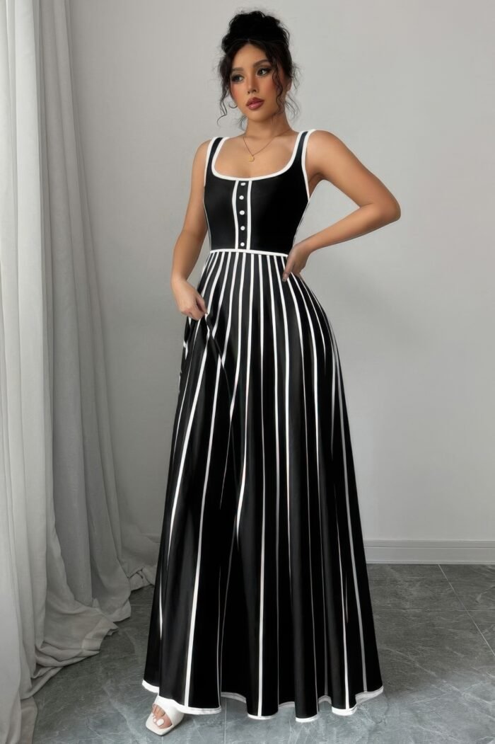 Striped square neck sleeveless a line fit dress - image 8