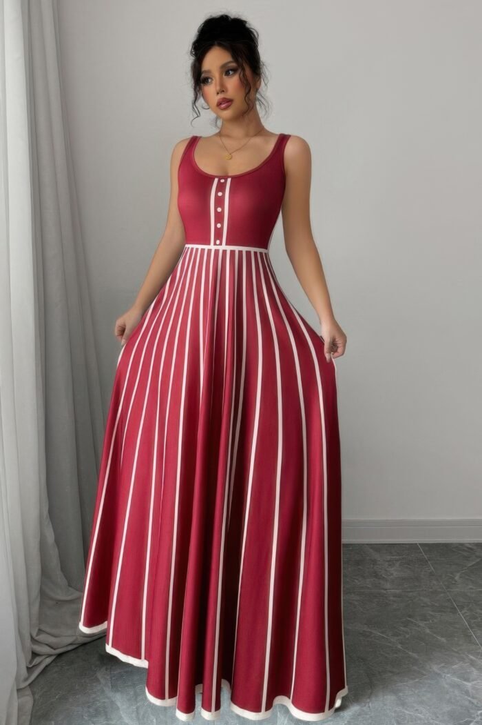 Striped square neck sleeveless a line fit dress - image 11