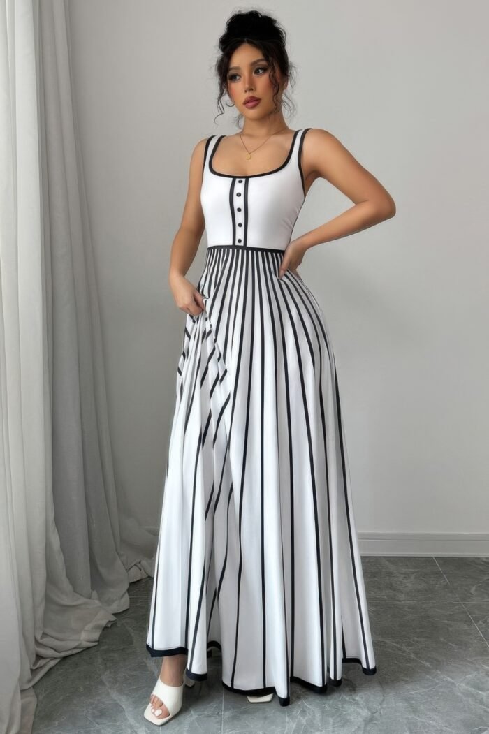 Striped square neck sleeveless a line fit dress - image 13