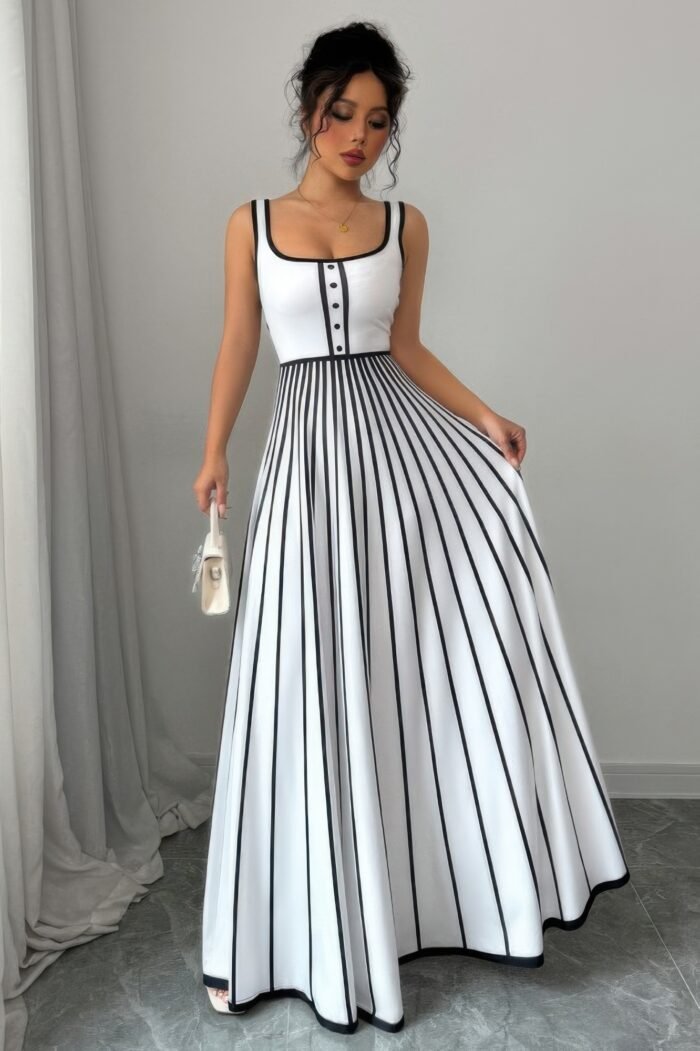 Striped square neck sleeveless a line fit dress - image 14