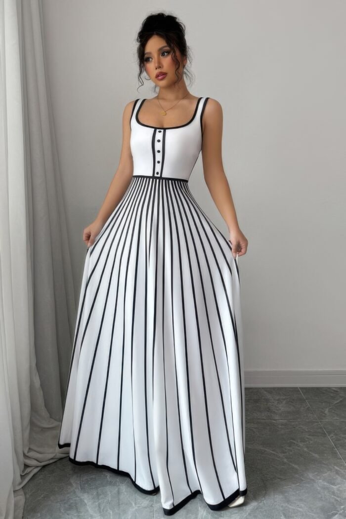 Striped square neck sleeveless a line fit dress - image 16
