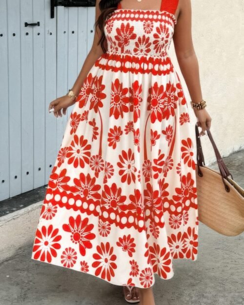 plus floral printed square neck wide strap dress