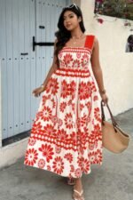 Plus Floral Printed Square Neck Wide Strap Dress - Image 3
