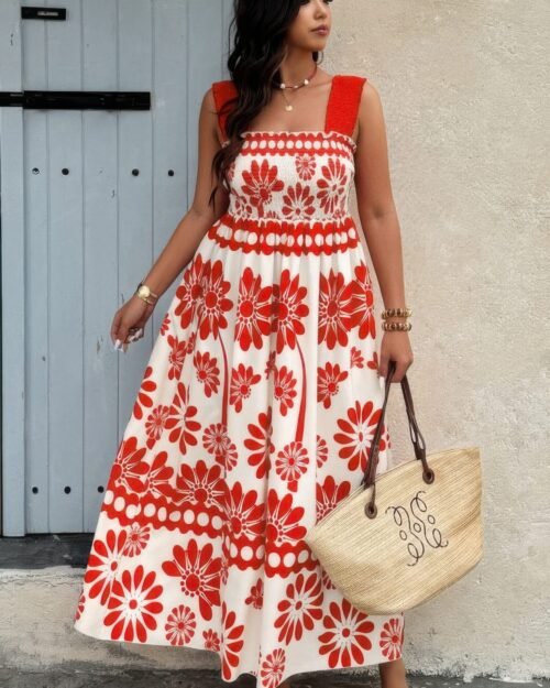plus floral printed square neck wide strap dress