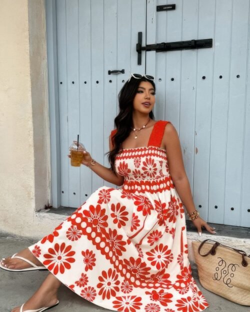 plus floral printed square neck wide strap dress