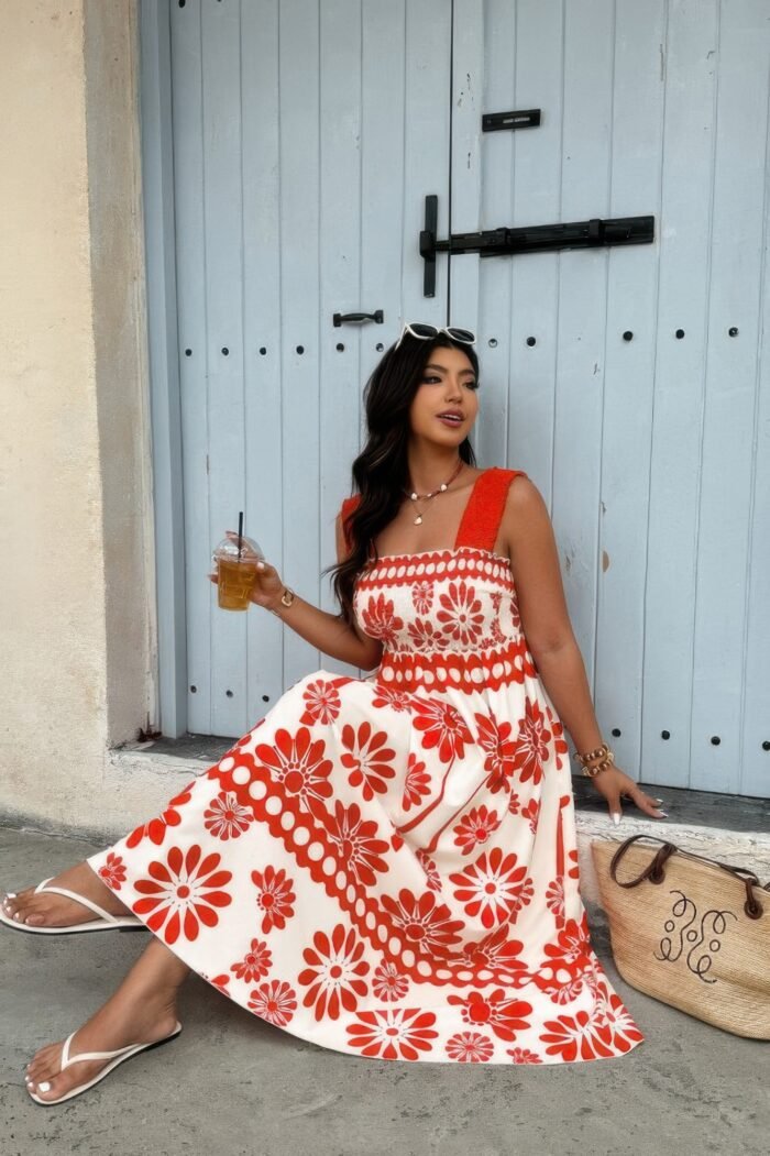 Plus floral printed square neck wide strap dress - image 7