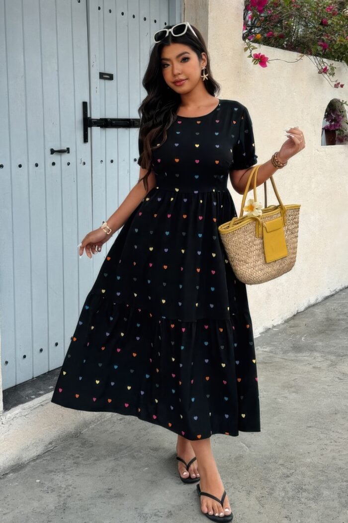 Plus heart print round neck ruffle hem dress - image 2