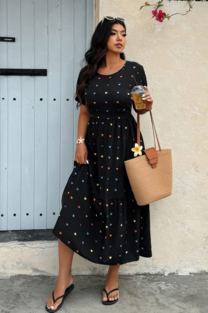 Plus heart print round neck ruffle hem dress - image 3
