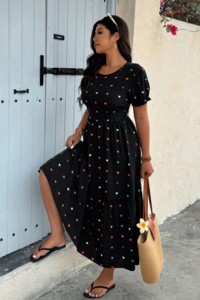 Plus heart print round neck ruffle hem dress - image 5