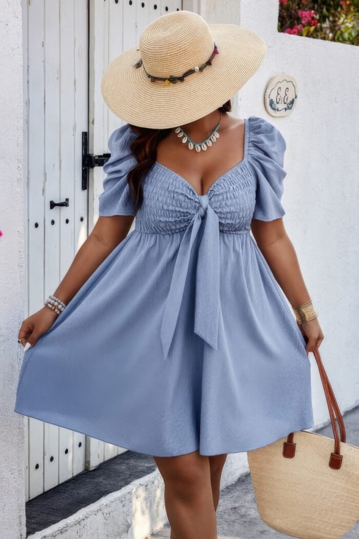Plus solid front knot short puff sleeve fit dress - image 2