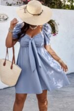 Plus Solid Front Knot Short Puff Sleeve Fit Dress - Image 4