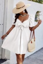 Plus Solid Front Knot Short Puff Sleeve Fit Dress - Image 7