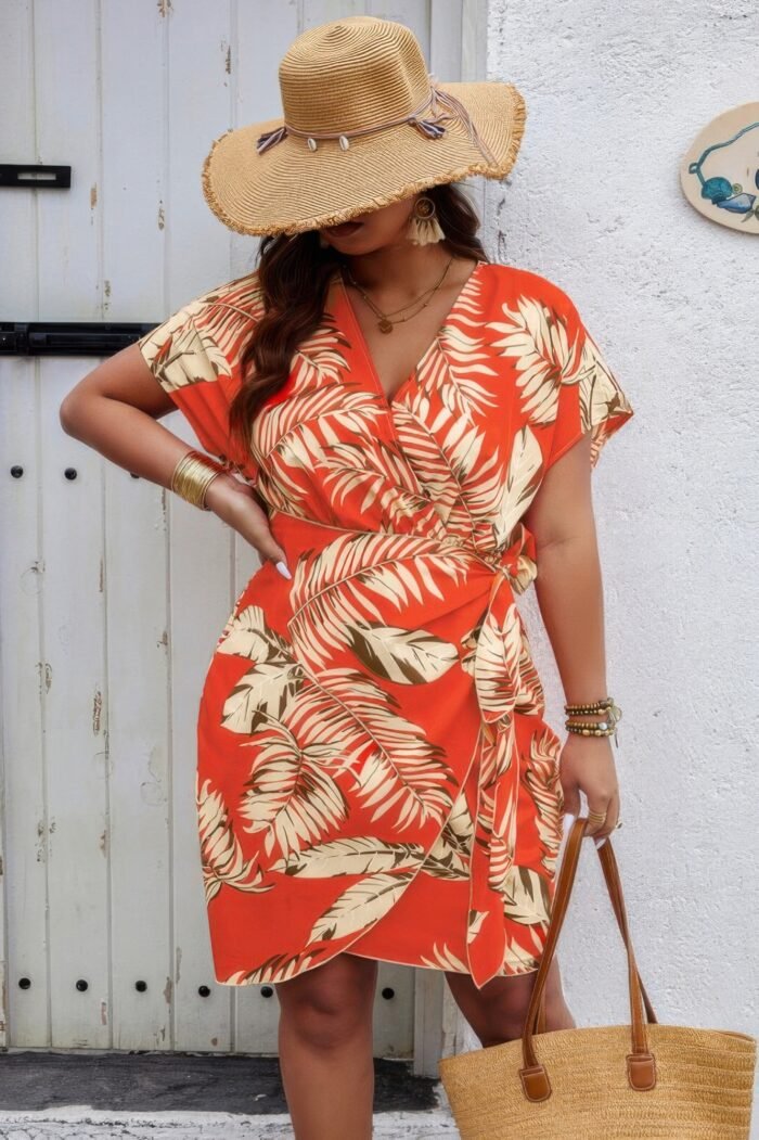 Plus Plant Print V Neck Wrap Tie Waist Dress - Image 8