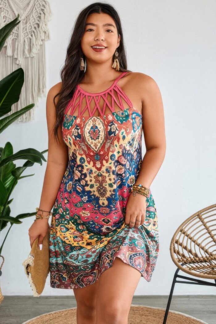 Plus boho halterneck hollow out sleeveless dress - image 3