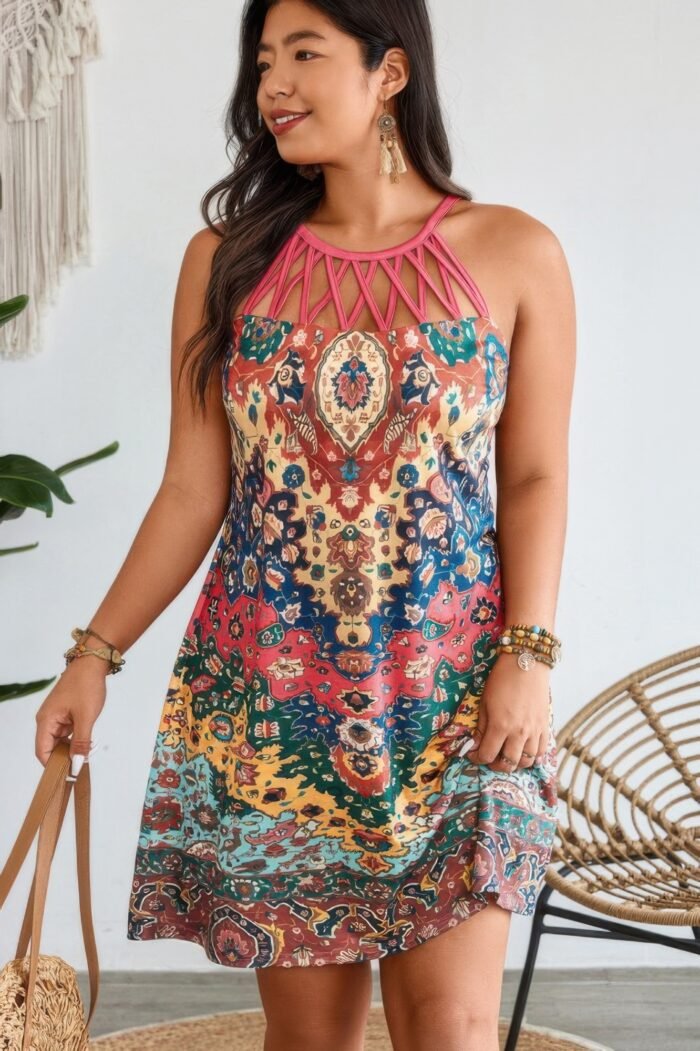 Plus boho halterneck hollow out sleeveless dress - image 4