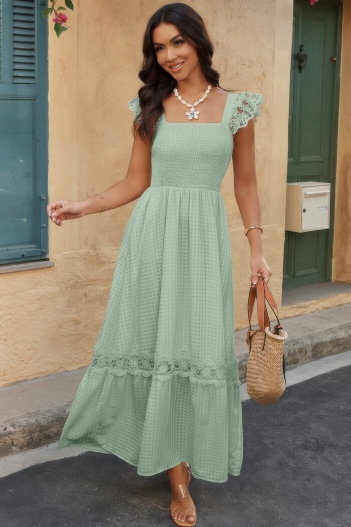 Solid sleeveless lace patchwork textured dress - image 5