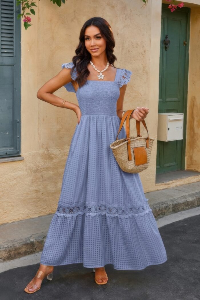 Solid sleeveless lace patchwork textured dress - image 8