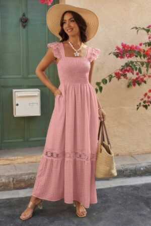 Solid Sleeveless Lace Patchwork Textured Dress