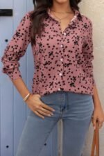 Allover Print V Neck Button Down Loose Blouse