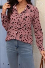 Allover Print V Neck Button Down Loose Blouse - Image 2