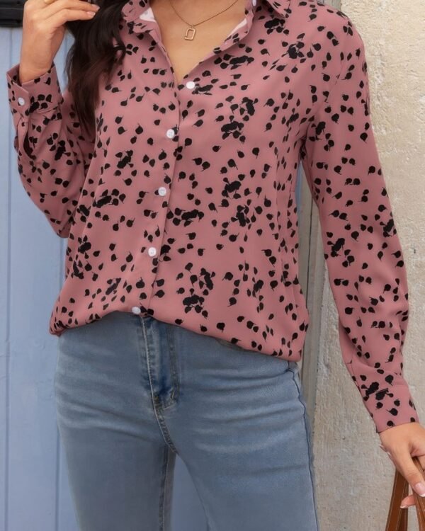 Allover Print V Neck Button Down Loose Blouse