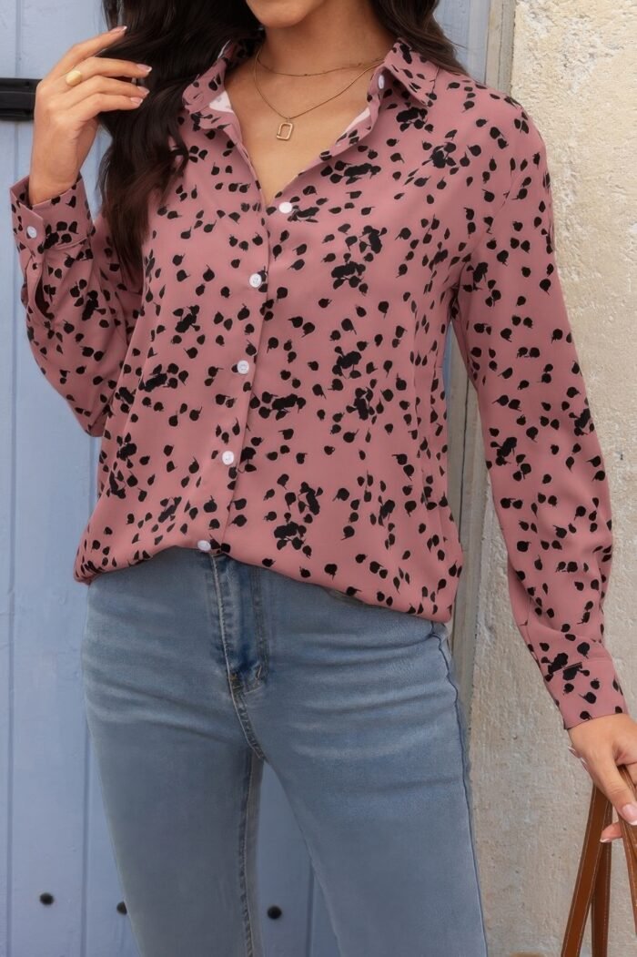Allover print v neck button down loose blouse - image 2