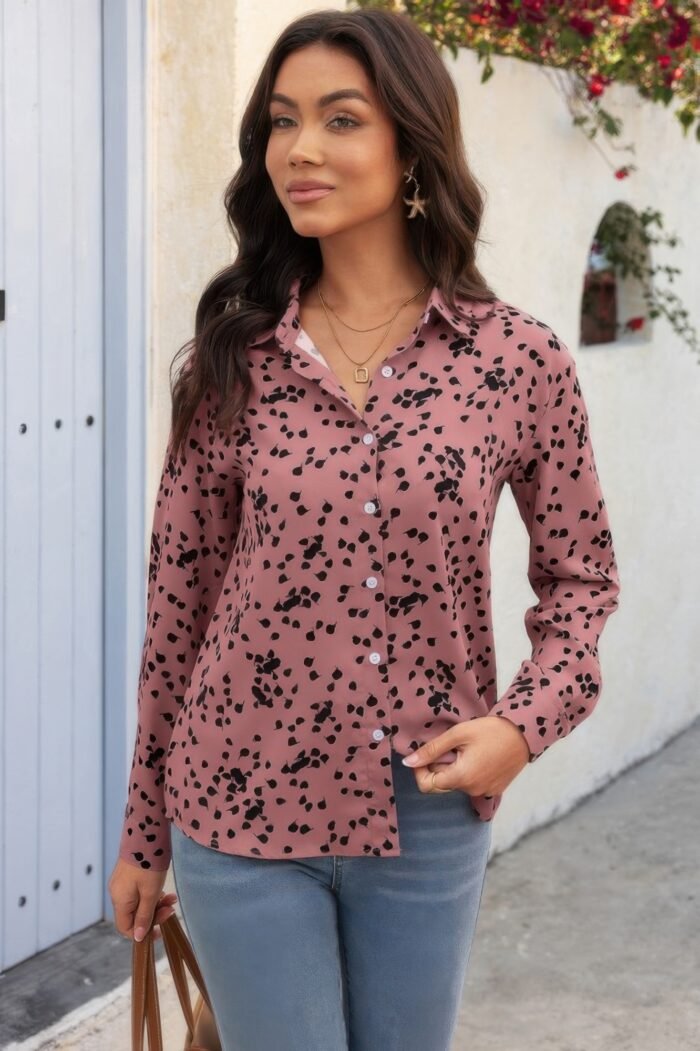 Allover print v neck button down loose blouse - image 3