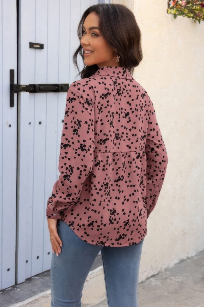 Allover print v neck button down loose blouse - image 4