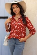 Allover Print V Neck Button Down Loose Blouse - Image 9