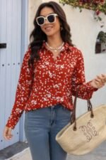 Allover Print V Neck Button Down Loose Blouse - Image 11