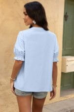 V Neck Boho Puff Short Sleeve Button Down Shirt