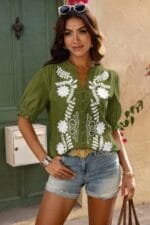 V Neck Boho Puff Short Sleeve Button Down Shirt