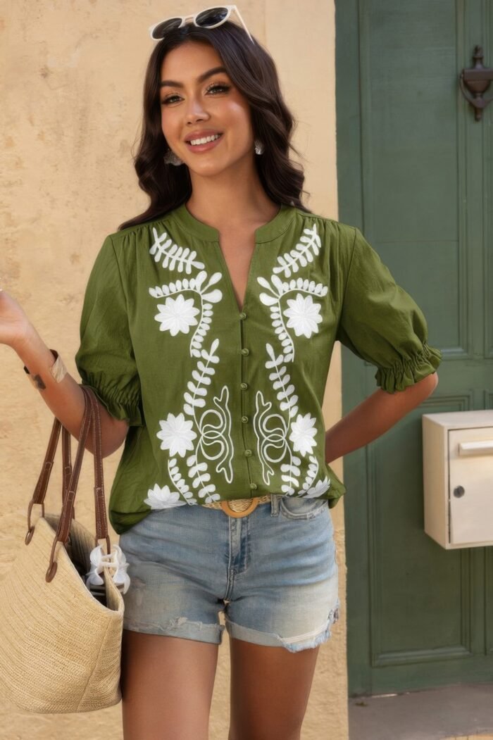 V Neck Boho Puff Short Sleeve Button Down Shirt - Image 7