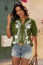 V Neck Boho Puff Short Sleeve Button Down Shirt