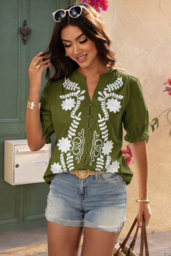 V Neck Boho Puff Short Sleeve Button Down Shirt - Image 8