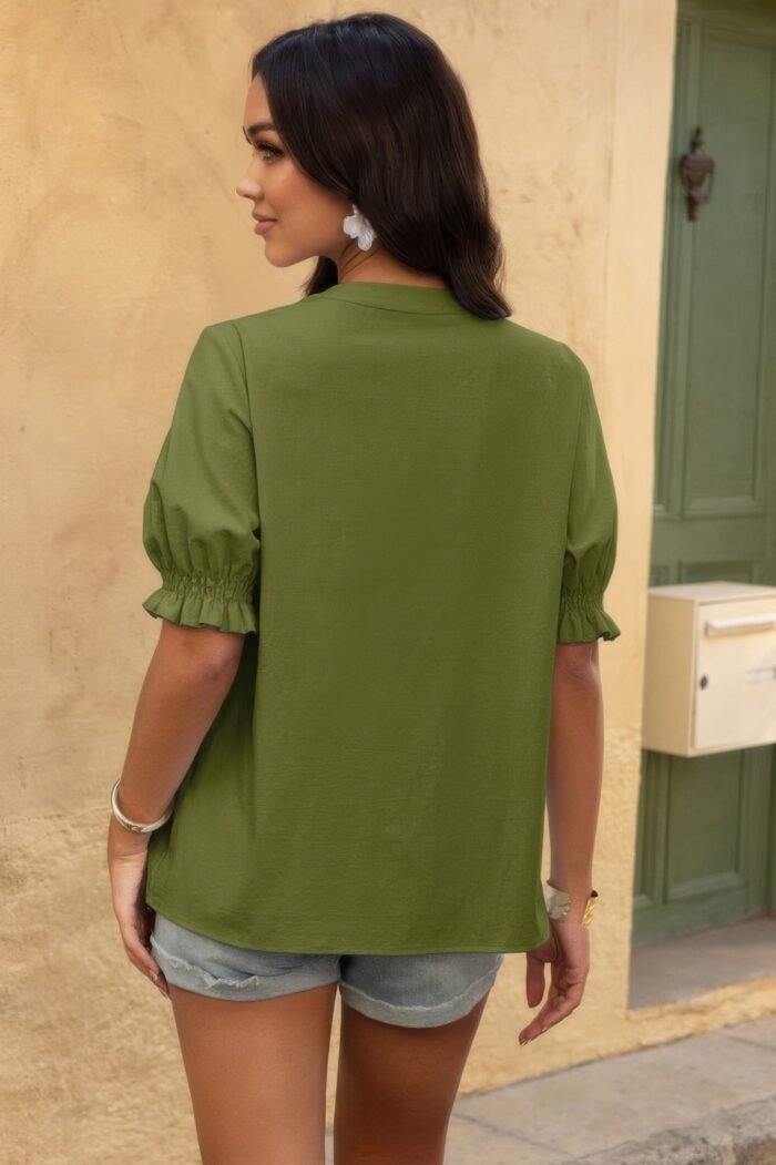 V Neck Boho Puff Short Sleeve Button Down Shirt - Image 9