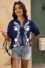 V Neck Boho Puff Short Sleeve Button Down Shirt