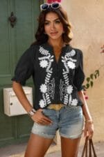 V Neck Boho Puff Short Sleeve Button Down Shirt
