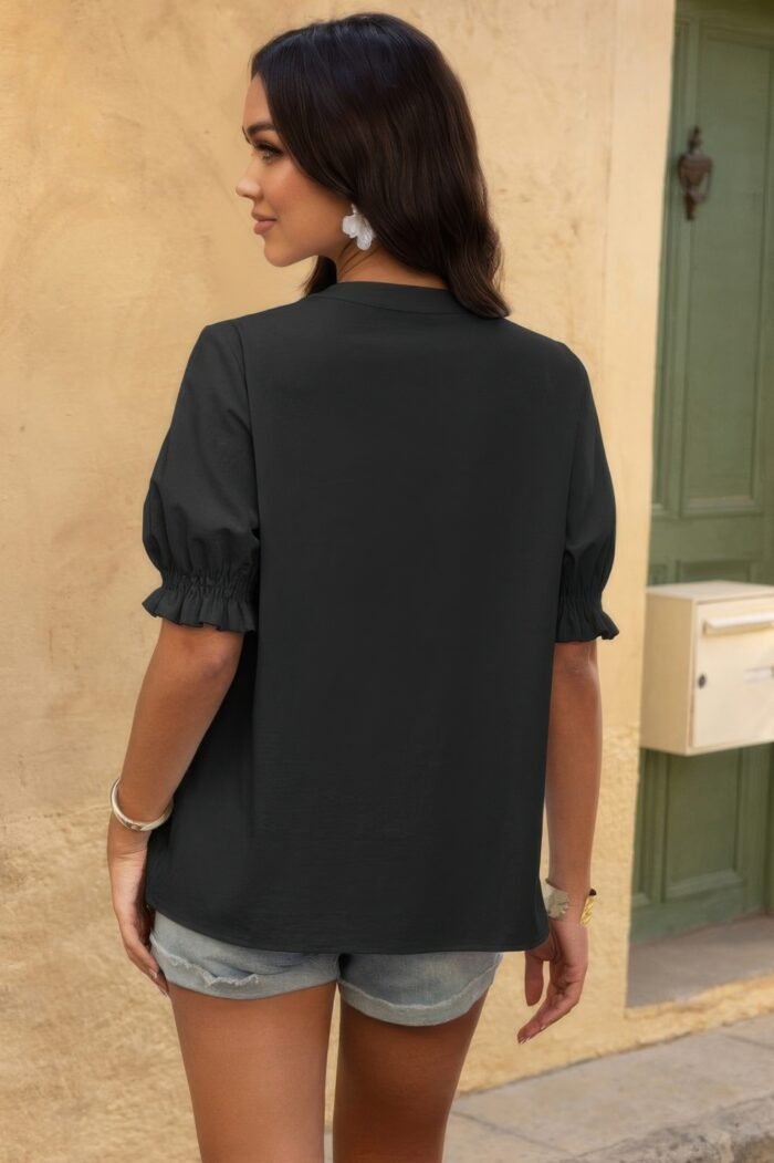V Neck Boho Puff Short Sleeve Button Down Shirt - Image 15