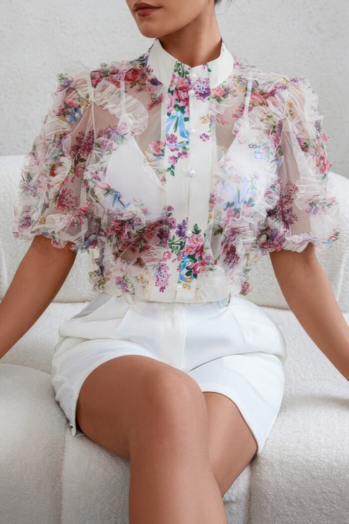 Allover print see through collar puff sleeve shirt - image 1