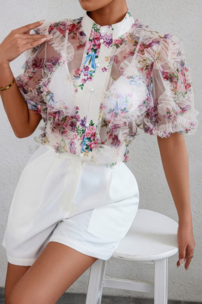 Allover print see through collar puff sleeve shirt - image 2