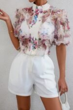 Allover Print See Through Collar Puff Sleeve Shirt - Image 3
