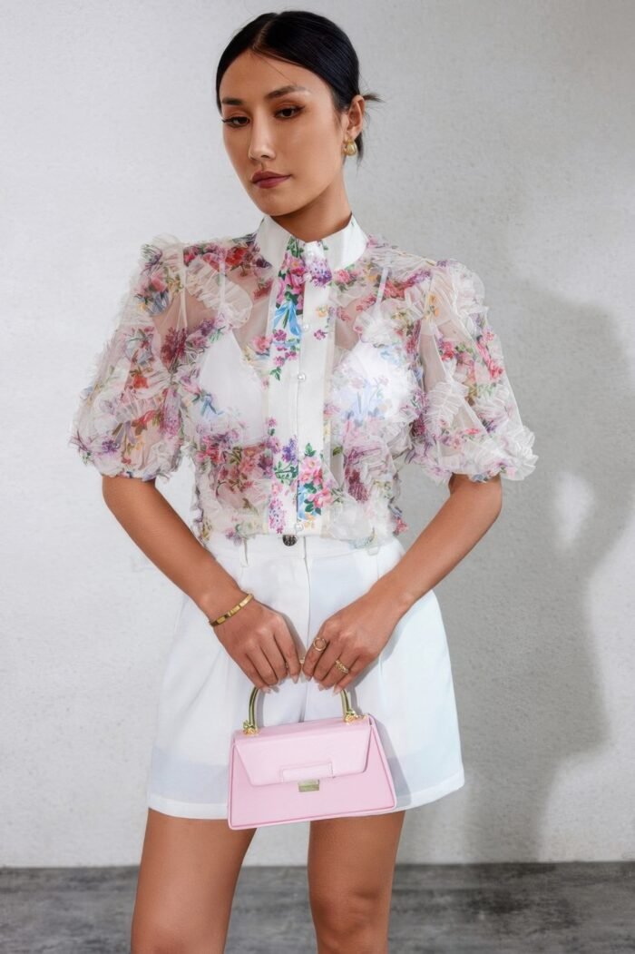 Allover print see through collar puff sleeve shirt - image 4