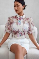 Allover Print See Through Collar Puff Sleeve Shirt - Image 5